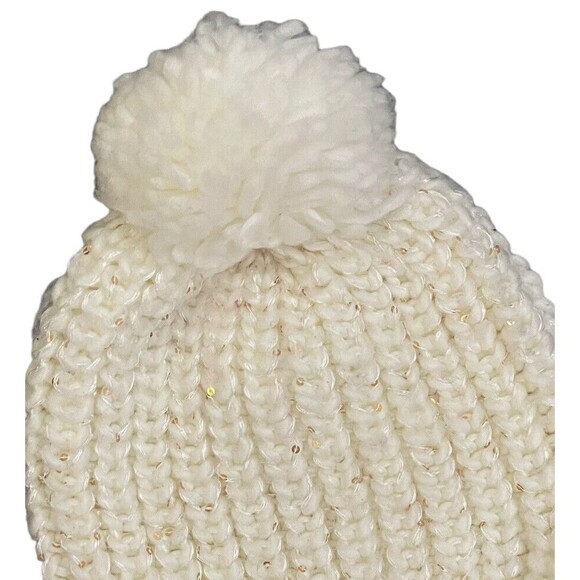 HM Sweater Knit Beanie Hat Infinity Scarf Set Ivory Gold Sequins Gray Metallic - Picture 4 of 11